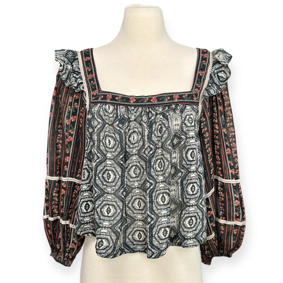 Free people mostly meadows boho blouse Black Combo Festival Hippie small - Picture 1 of 12